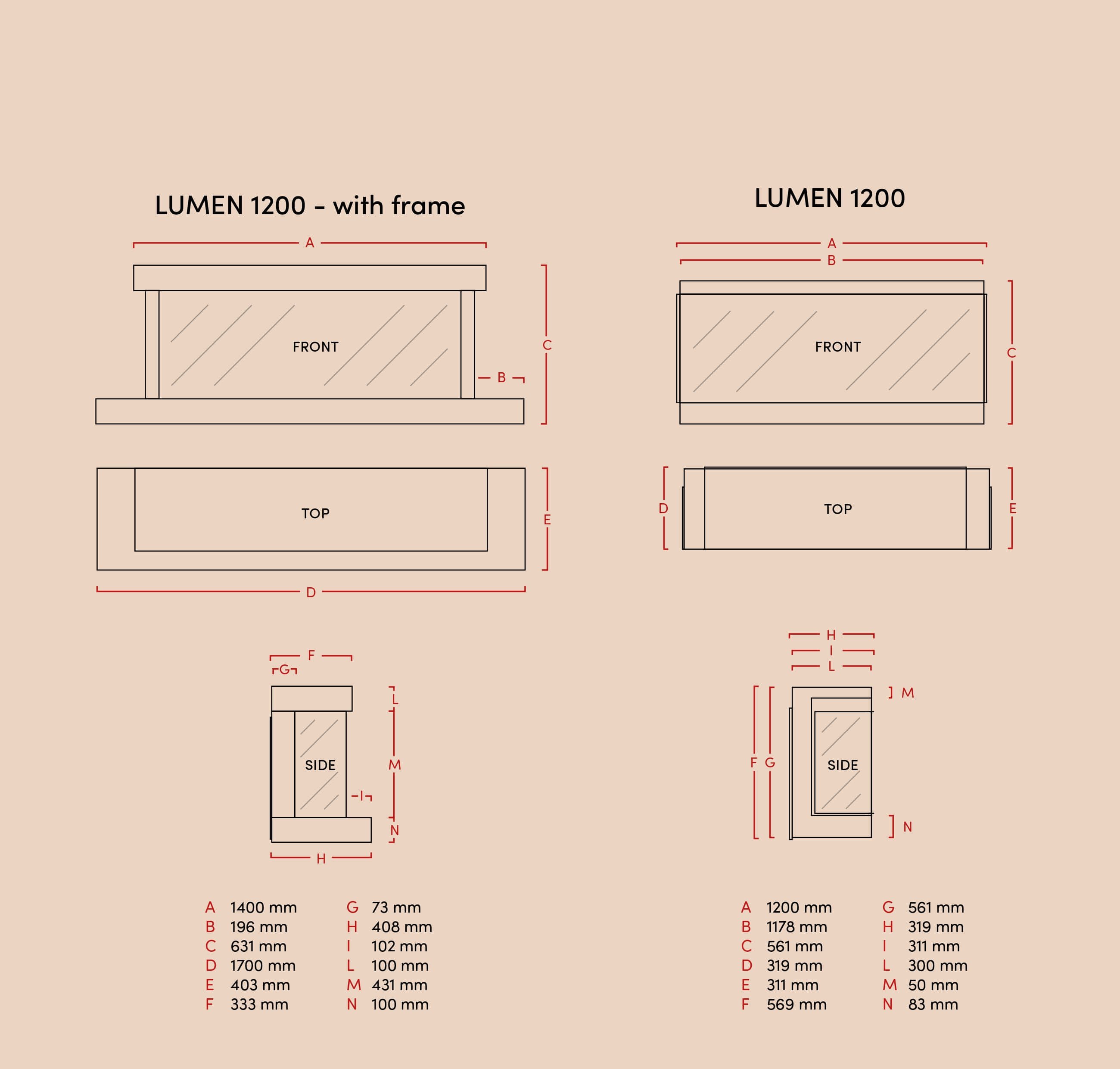 LaNordica ElektriKamin LUMEN 1200 ja 1200 Raamiga mm