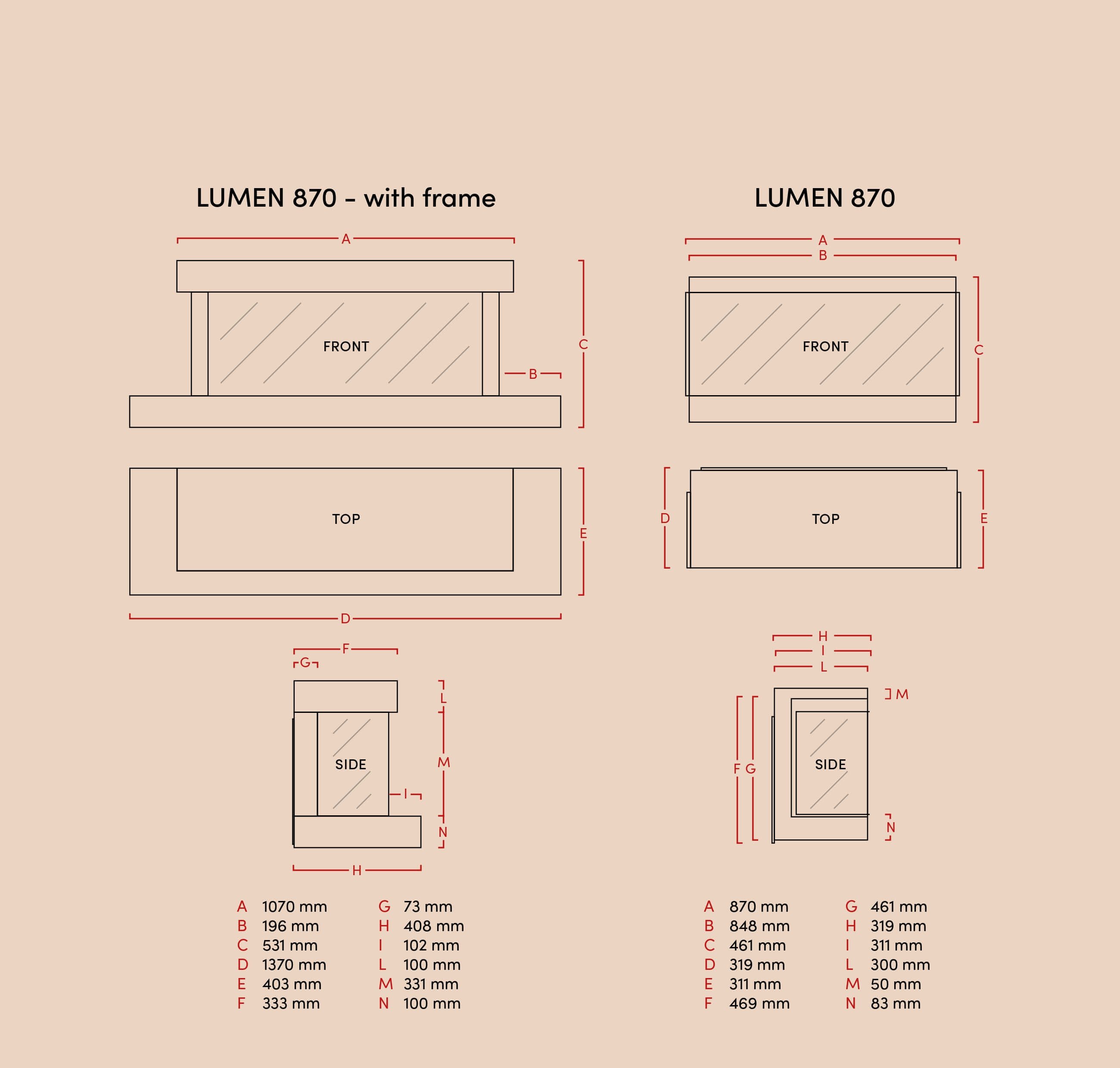 LaNordica ElektriKamin LUMEN 870 ja 870 Raamiga mm